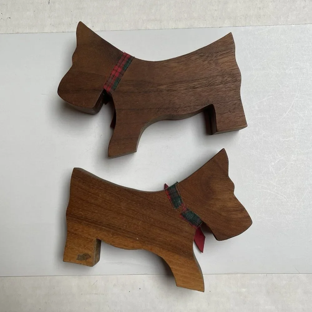 Wooden Scotty Dog Terrier Figurine Red Bow Git Christmas Decor Home Putppy
